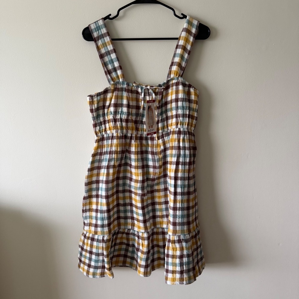 Roxy Women Plaid Smocked Mini Dress Yellow Brown Blue Fall 100% Cotton NWT XL